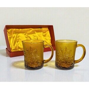 RARE Vintage Amber Rose Glass Mugs Set 2 Indonesia Pasari Liva GB-1199 Gift Box